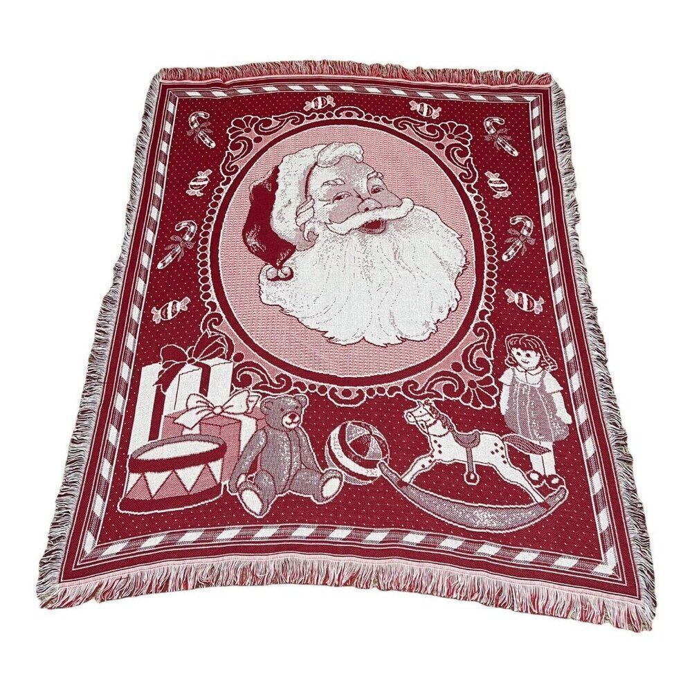 Santa Claus American Weavers Red Jolly St Nick Tapestry Vintage Throw Blanket